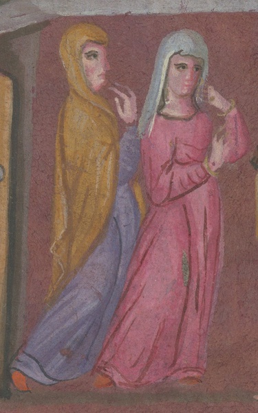 Wien, Österreichische Nationalbibliothek, Buchmalerei in der sog. Wiener Genesis, folium 7v: Rebekka und ihre Mutter in eine palla gehüllt; Rebecca, rechts, hat die ihre auch über den Kopf gezogen hat (6. Jh.). 