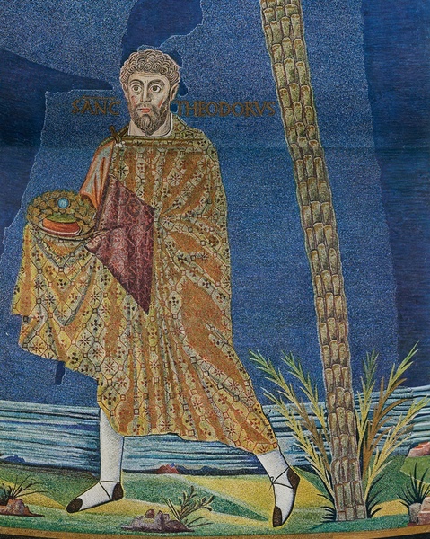 Rom, SS. Cosma e Damiano, Apsismosaik: Heiliger Theodorus, der als Schuhe vorn und an den Fersen geschlossene campagi trägt (526-530).