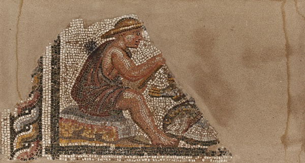 Thessaloniki, Archäologisches Museum, Bodenmosaik: Der Fischer trägt auf dem Kopf einen petasus mit breiter Krempe (spätes 3. Jh.). 