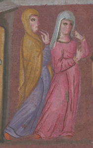 Wien, Österreichische Nationalbibliothek, Buchmalerei in der sog. Wiener Genesis, folium 7v: Rebekka und ihre Mutter in eine palla gehüllt; Rebecca, rechts, hat die ihre auch über den Kopf gezogen hat (6. Jh.). 