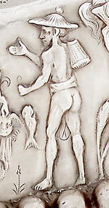 Budapest, Ungarisches Nationalmuseum, Seuso-Schatz, sog. Meleagerplatte: Der Angler trägt einen petasus mit auffallend breiter Krempe (2. Hälfte 4. / 1. Hälfe 5. Jh.).