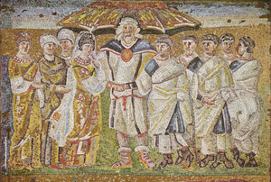 Rom, S. Maria Maggiore, Vermählung von Moses und Zippora: Die lacerna des Priesters Jitro liegt auf beiden Schultern auf und wird von einer großen *Fibula (Scheibenfibel) gehalten (Kirche 434 geweiht).