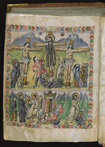 Florenz, Biblioteca Medica-Laurenziana, Buchmalerei im sog. Rabbula-Codex, folium 13r: Jesus am Kreuz trägt ein purpurfarbenes, ungegürtetes colobium mit goldenen *Clavi (586).